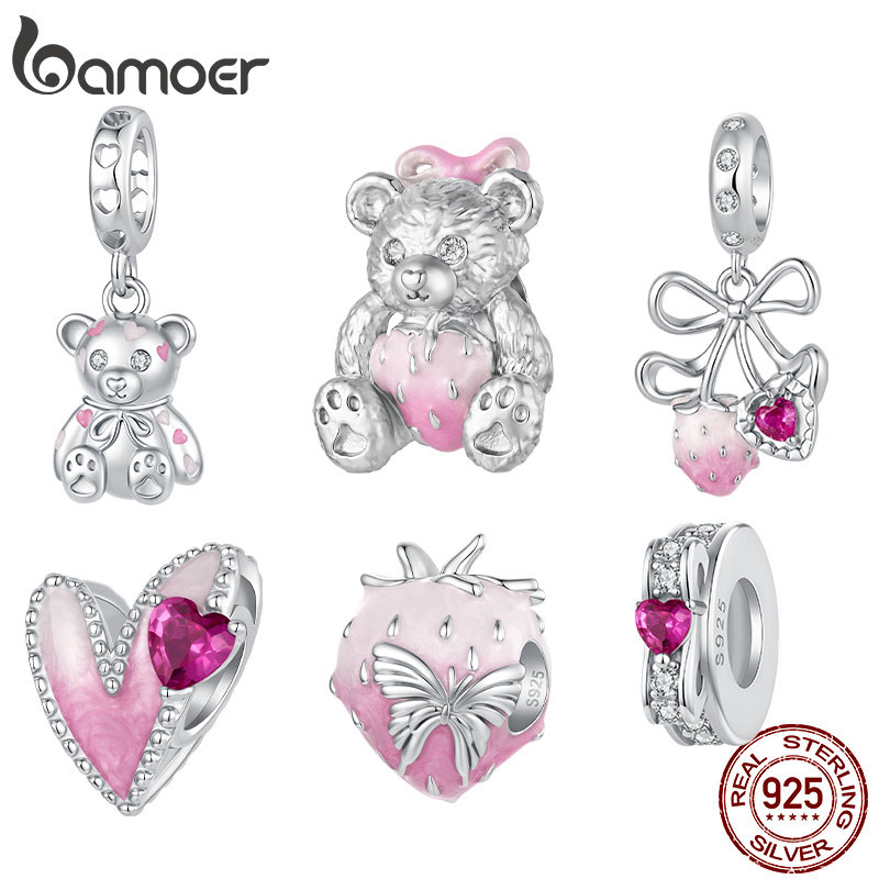 Bamoer 925 Prata Esterlina Urso Coração Starwberry Rosa DIY Para Pulseira Presentes Mulheres