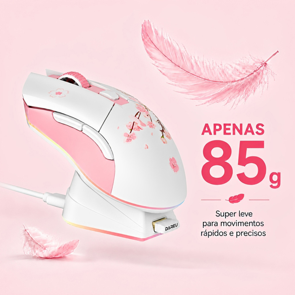 Mouse Gamer Recarregável Super Leve 85g Tip C com fio/Sem fio 2.4G 12000 Dpi 6 Botões Rgb Dock Carregamento Dareu EM901x