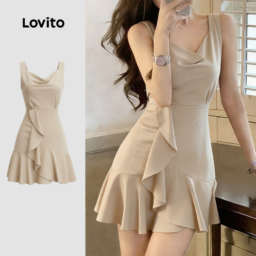 Lovito Vestido Casual com Babados de Primavera/verão Khaki para mulheres LK4ED853