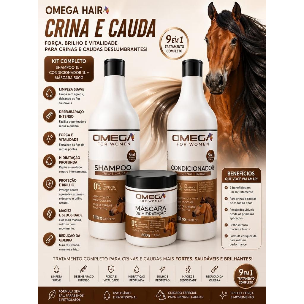 Kit Shampoo, Condicionador e Máscara Capilar - Omega Hair Crina e Cauda, Shampoo 1L, Condicionador 1L, Máscara 500g