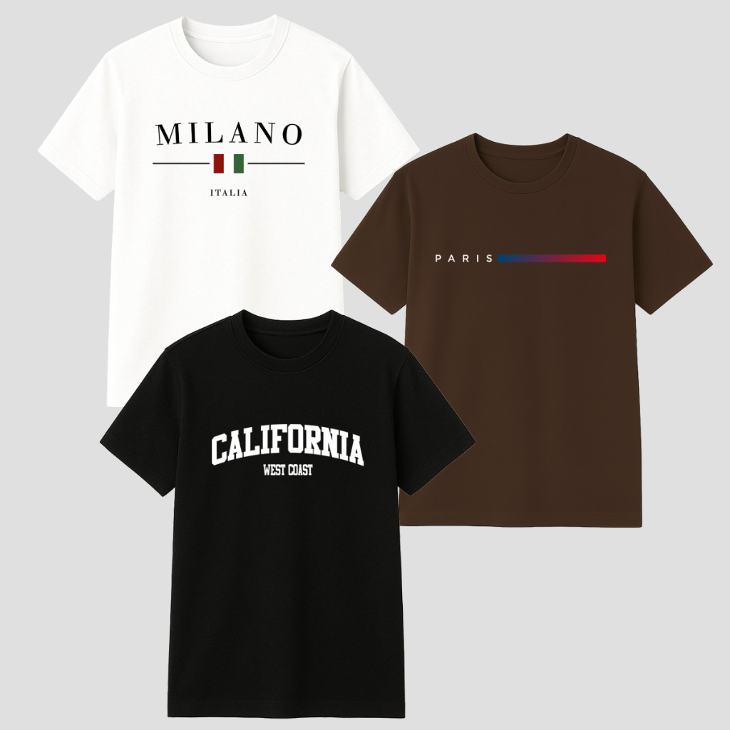 Kit 3 Camisetas Masculinas Algodão Milano Paris Califórnia Estampadas Premium