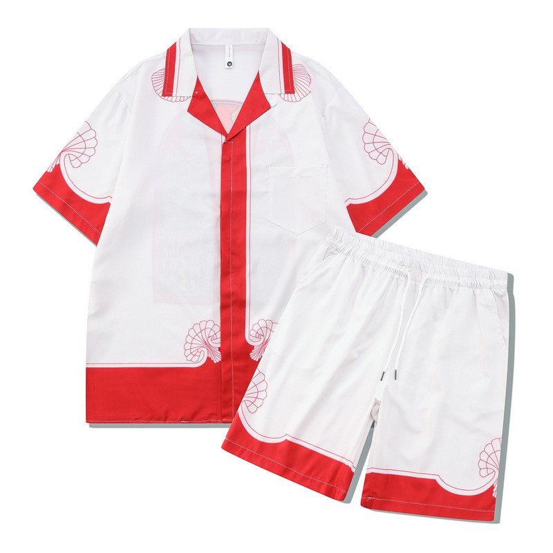 [Novo produto] Conjunto de camisa masculina solta de manga curta com estampa Digital de praia Casual retrô combinando [V