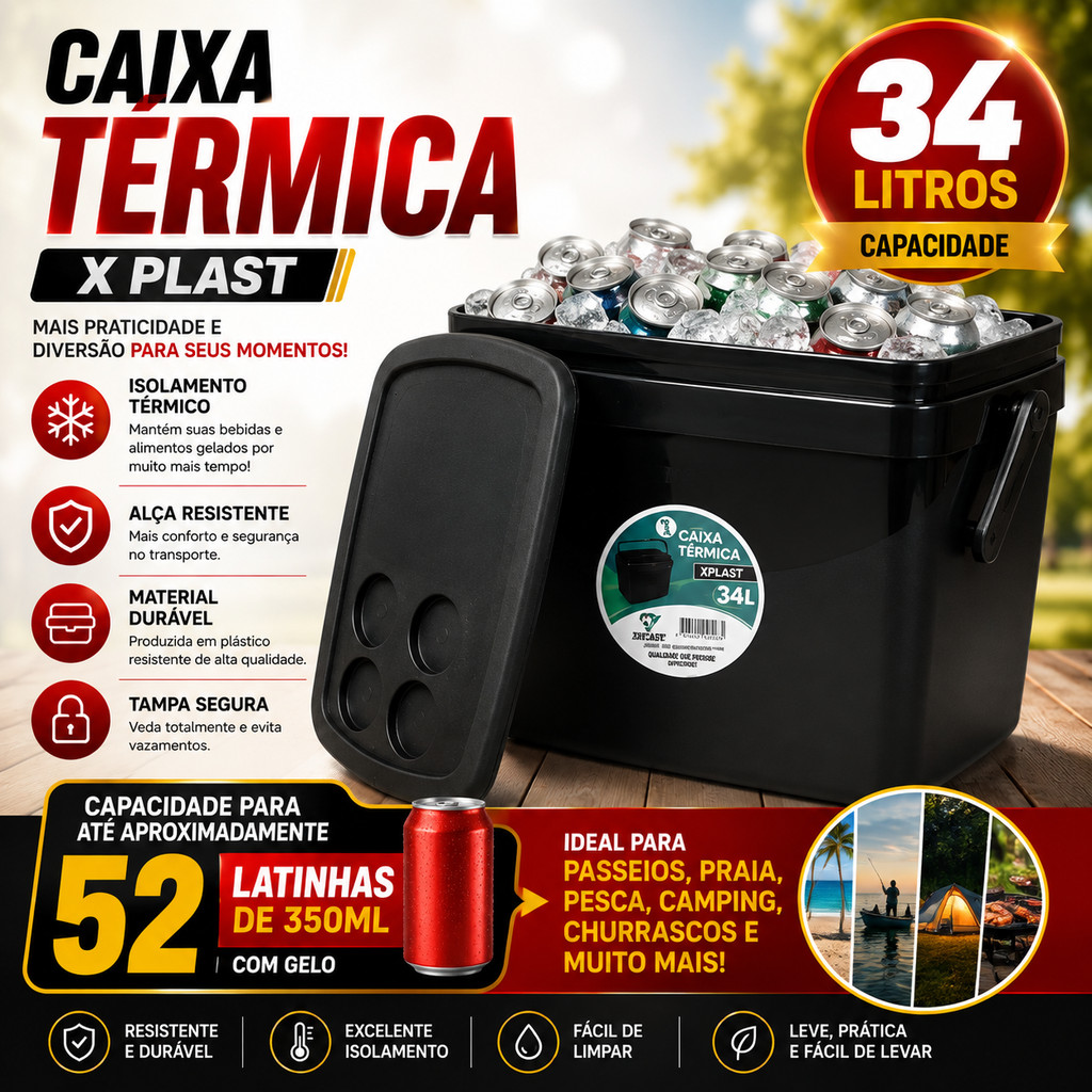 Caixa Térmica 34 Litros Cooler Resistente Com Alça 34 Litros Black Porta Copos Praia Camping