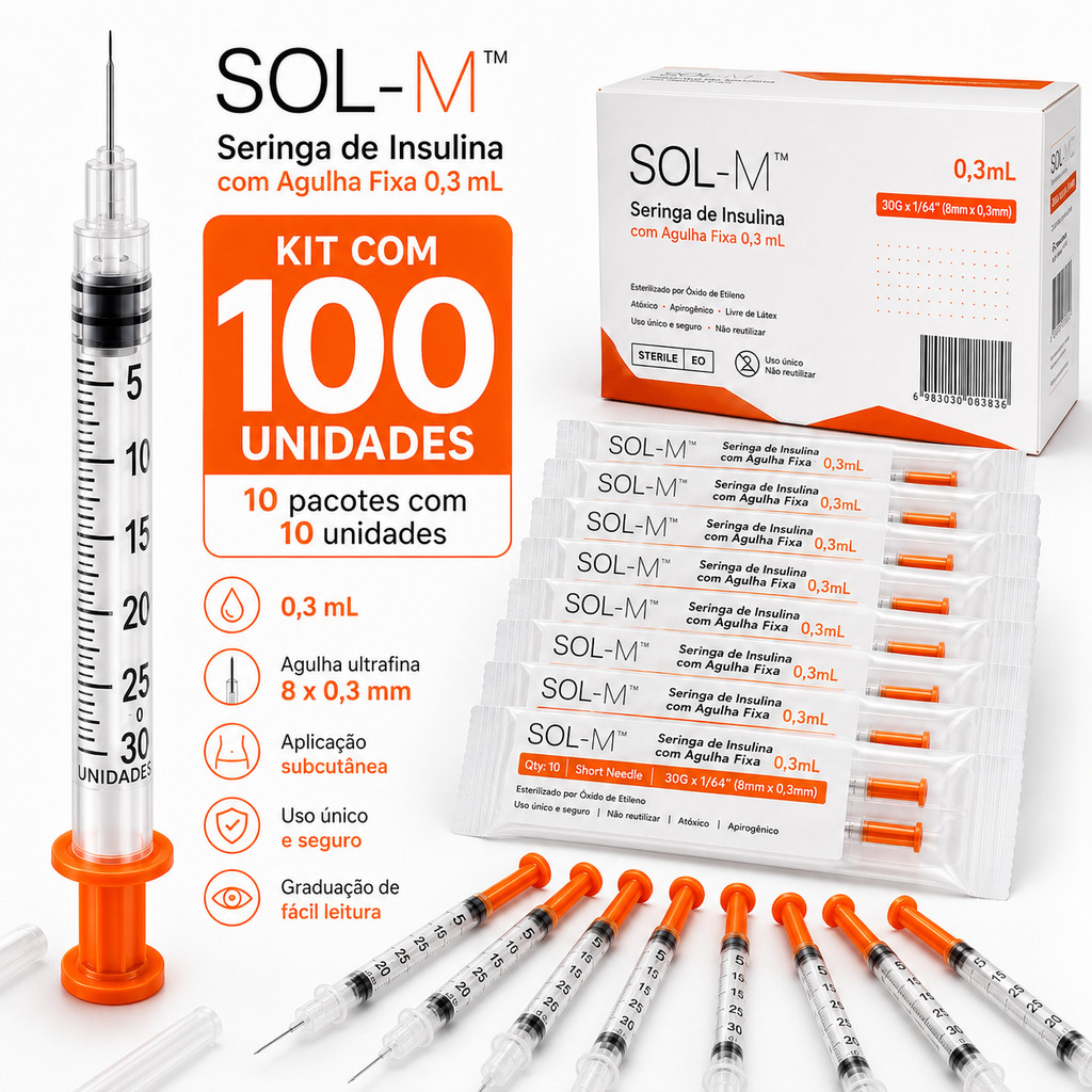 Seringas para Insulina Sol Millennium 0,3mL 30UI 30G Agulha Curta Fixa Ultrafina 8mm Kit 100 Unidades