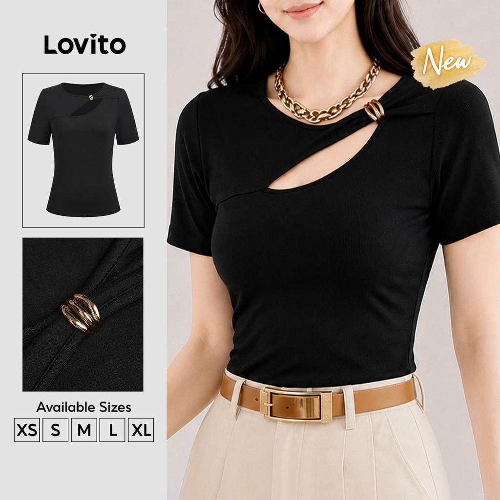 (New Arrival) Lovito Camiseta Casual Feminina Preta Corte Assimétrico Primavera/Verão TSB202P2D167