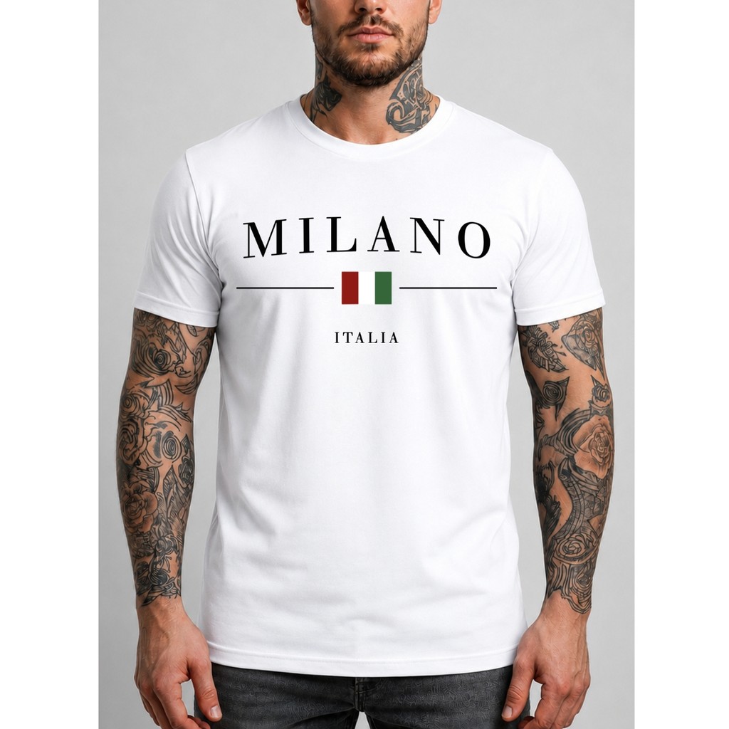 Camiseta Masculina Milano Itália Slim Fit Preta 100% Algodão Estampada Premium Casual Moderna