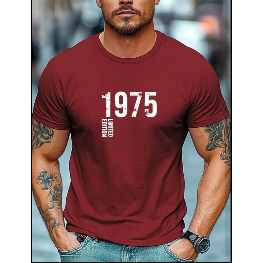 Camiseta Masculina 1975 De Manga Curta, Decote Redondo, Estampa De Letra, Casual, Verão Lançamento