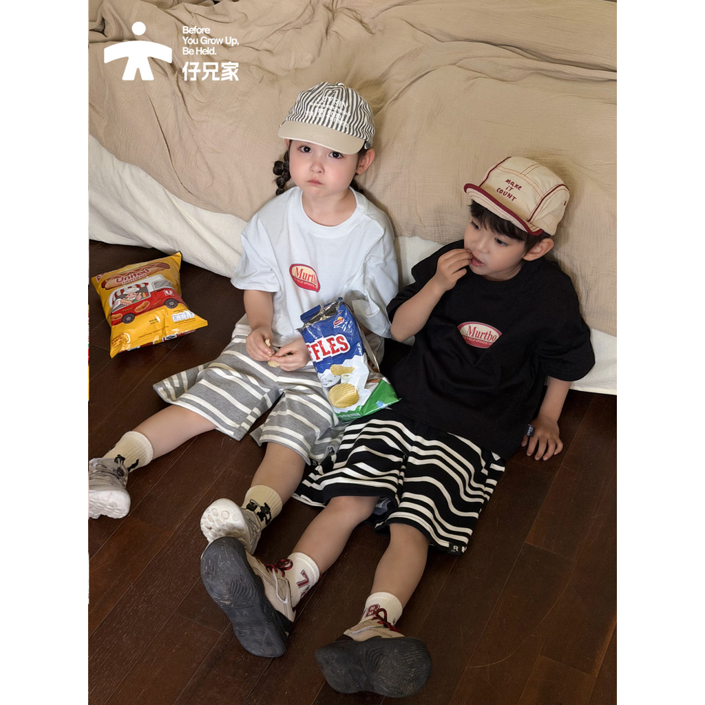 Duas cores simples impresso verão crianças bebê manga curta camiseta bebê topo em torno do pescoço algodão solto meninos