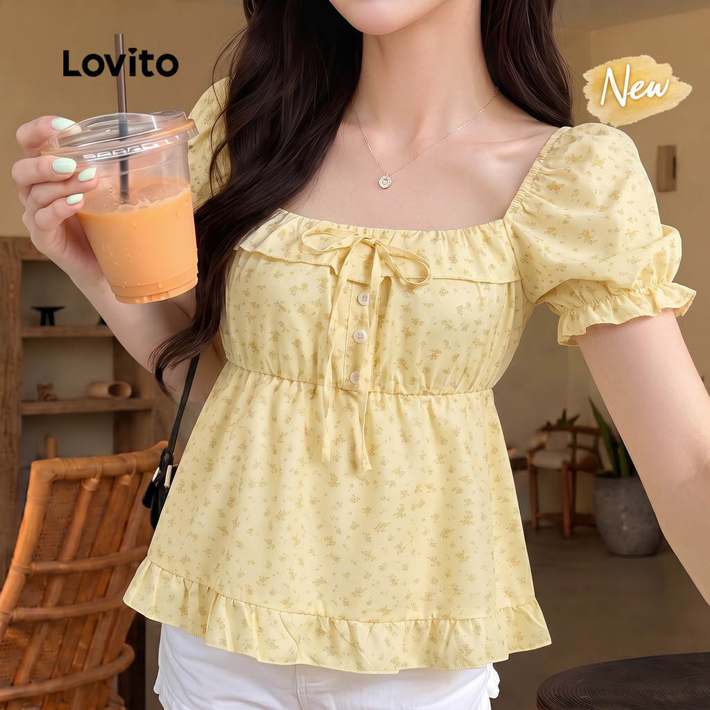 (New Arrival) Lovito Casual Blusa Amarração Frontal Babado Bainha De Primavera/verão Amarela Para Mulheres BLB203TD088