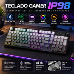 Teclado Gamer IP98 Com Sensação Mecânica Design Elegante E Atraente 3 Modos: Bluetooth + 2.4GHz + USB-C