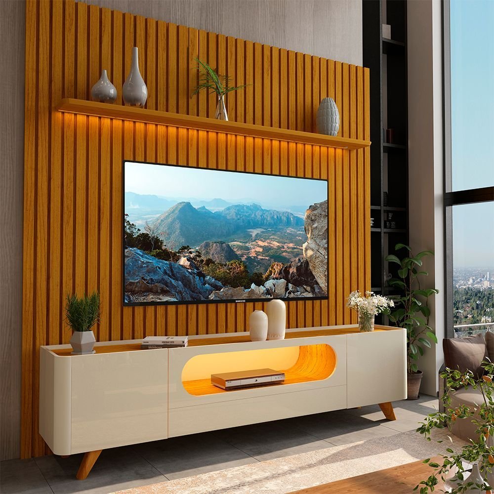 Rack com Painel Ripado para TV até 90 Polegadas 100% MDF com LED 228,8CMX310CM Pés em Madeira Maciça 1 Gaveta 2