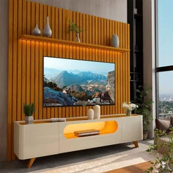 Rack com Painel Ripado para TV até 90 Polegadas 100% MDF com LED 228,8CMX310CM Pés em Madeira Maciça 1 Gaveta 2