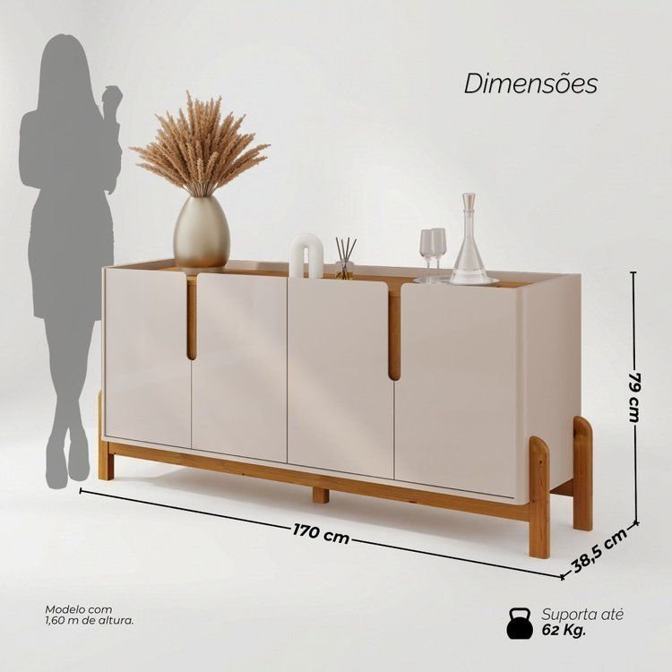 Buffet Aparador Sala de Jantar 4 Portas MDF 170cm Lizz Versátile 2022 Pés em Madeira Maciça Off White/Cedro · foto 2