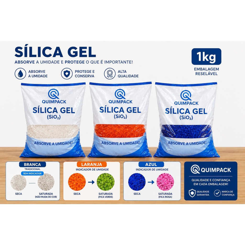 Sílica Gel Branca/Azul/Laranja 1-3mm ou 4-8mm Quimpack - 1kg