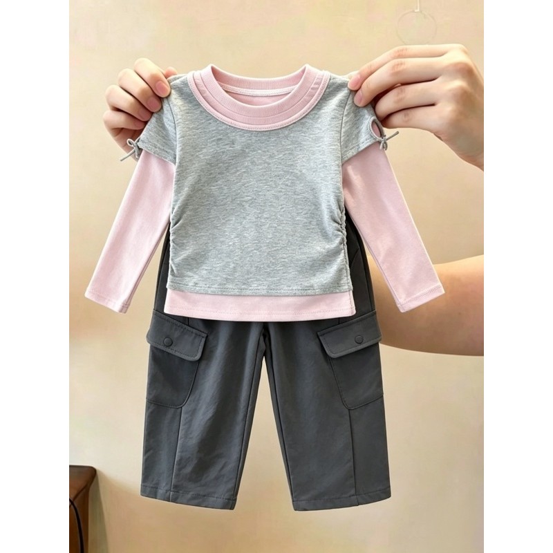 Meninas moda Casual outono 2026 novo estilo bebê menina moda falso de duas peças macacão superior calças de perna larga