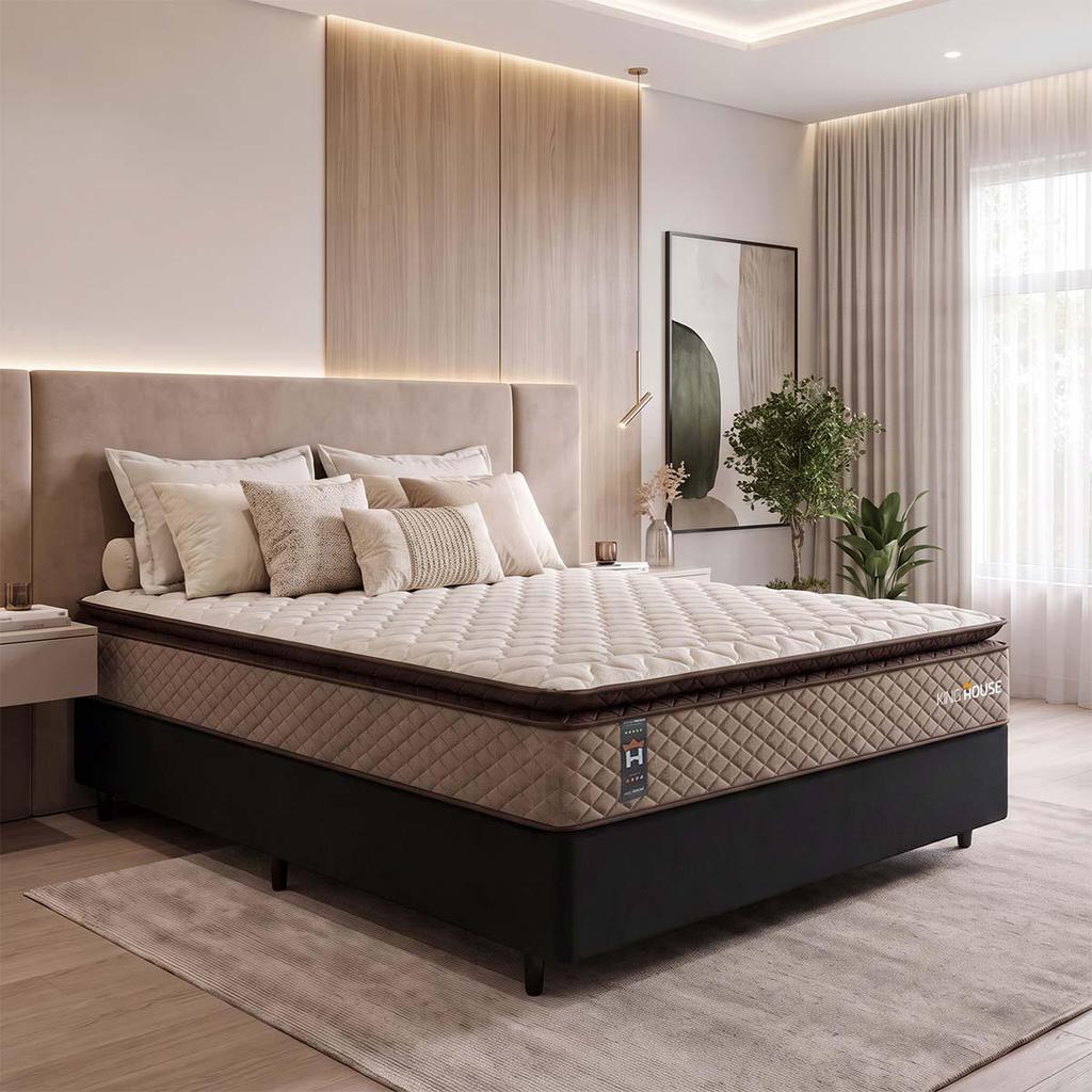 Conjunto Cama Box Espuma Atlanta Bege Casal 138x188x62