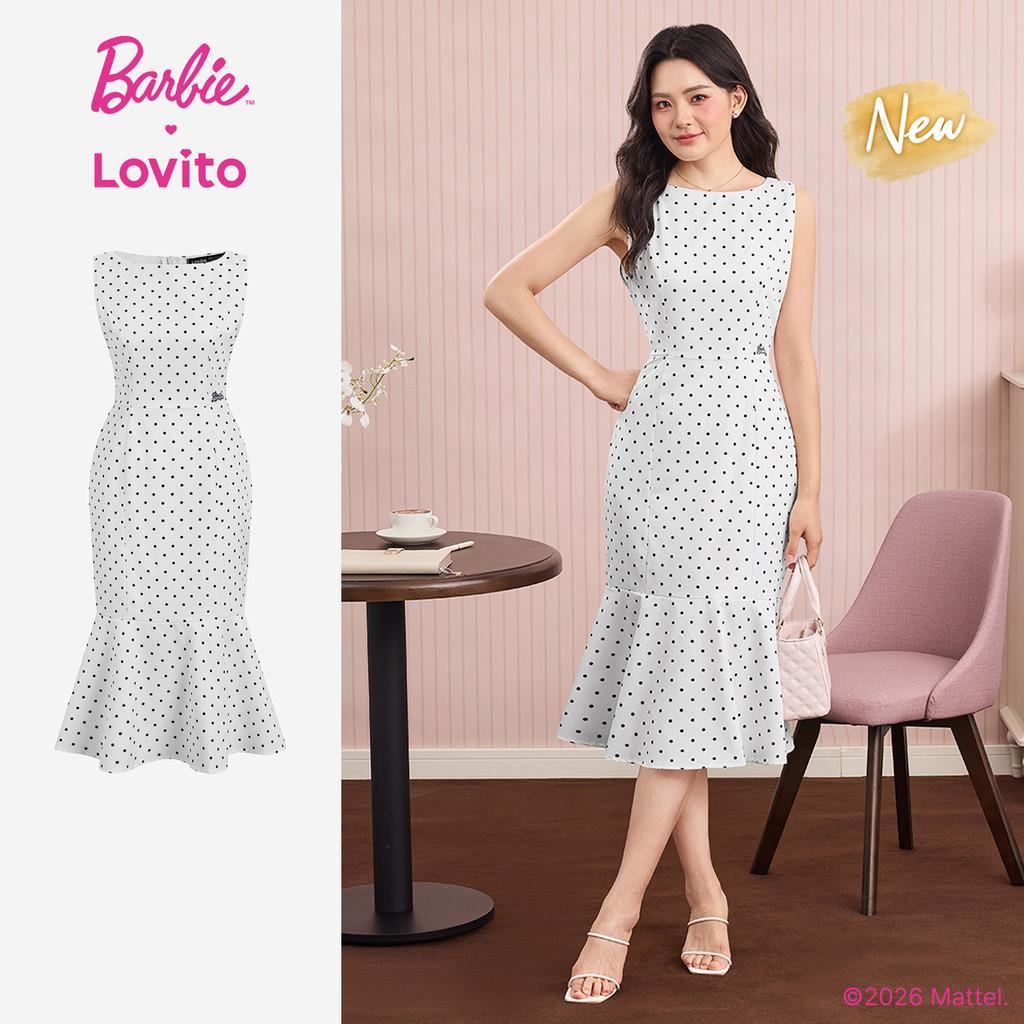 (New Arrival) Barbie™ X Lovito Vestido Branco Elegante Com Bordado E Acabamento Em Babado Para Mulheres primavera/verão DRBL6PAD019