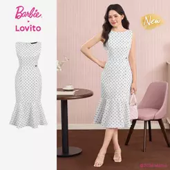 (New Arrival) Barbie™ X Lovito Vestido Branco Elegante Com Bordado E Acabamento Em Babado Para Mulheres primavera/verão DRBL6PAD019