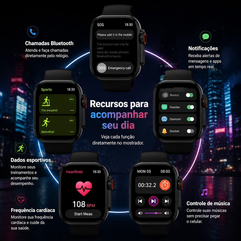 Smartwatches Mini, Pro e Plus, disponíveis em vários tamanhos, confortáveis para uso diário, multifuncionais e requintad