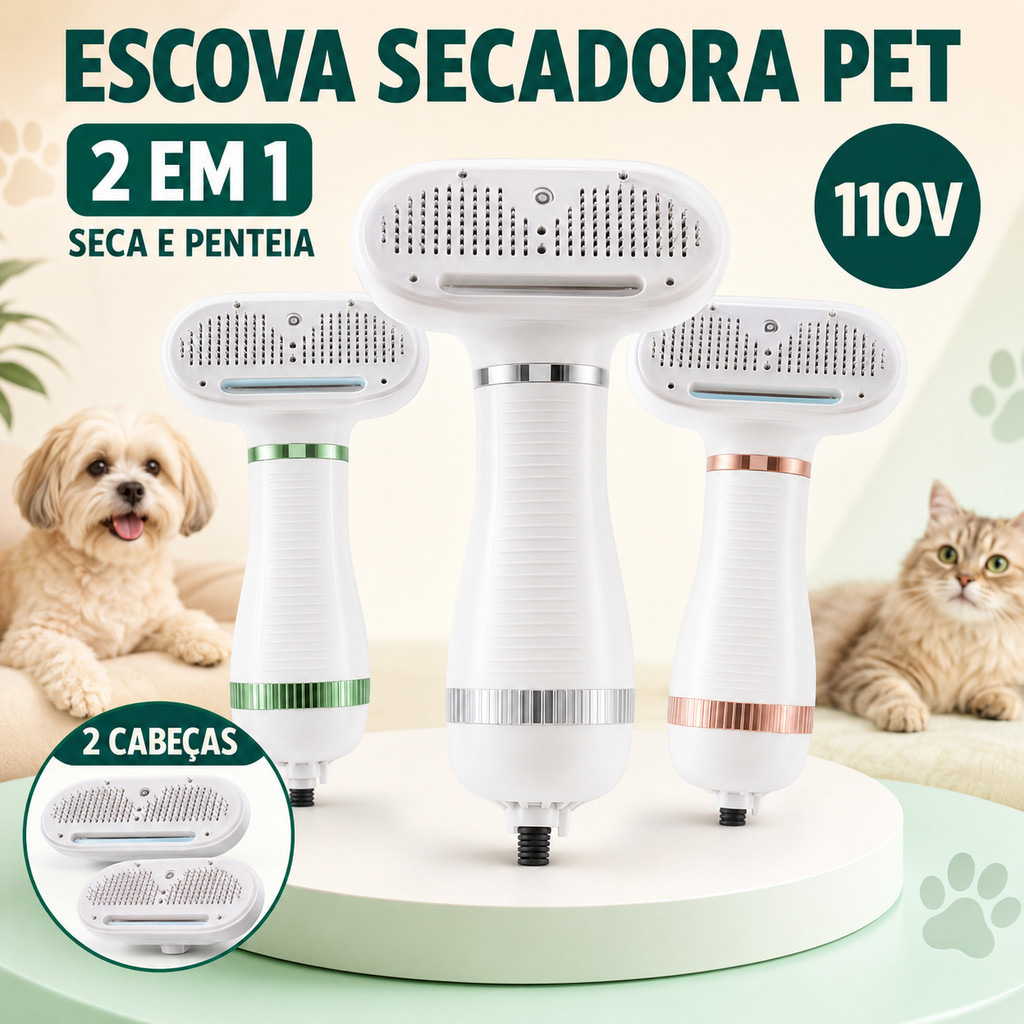 Escova Secadora Pet 2 em 1 110V com 2 Cabeças para Cães e Gatos Banho Tosa Seca e Penteia Pelos