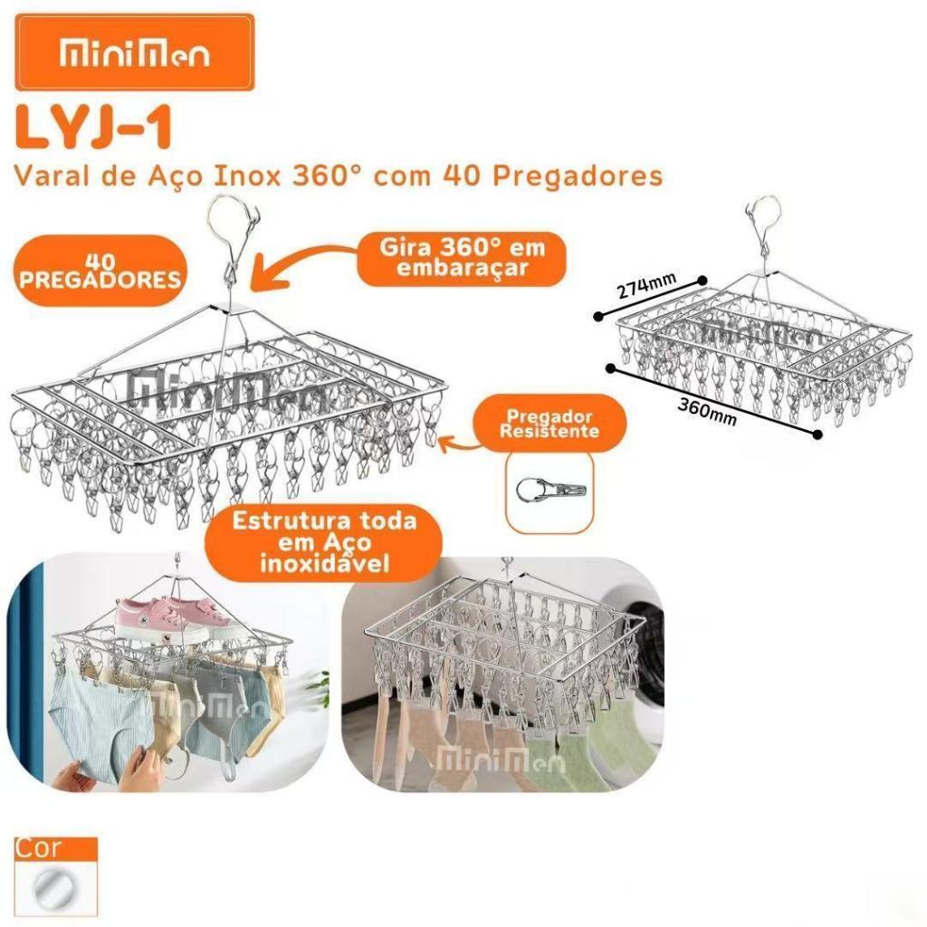 Varal Giratório Inox 360° com 40 Pregadores para Meias Roupas Íntimas Bebê e Lenços