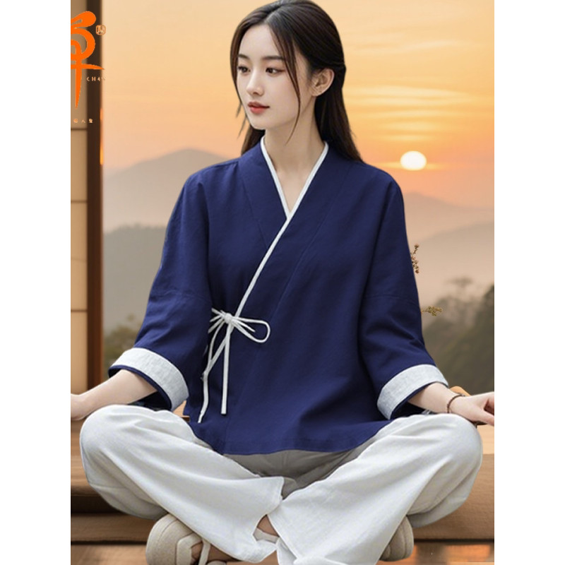 Roupas de meditação Roupas femininas Cultivo Adoração Buda Roupas lisas Série Zen Budista Roupas femininas Meditação Zen