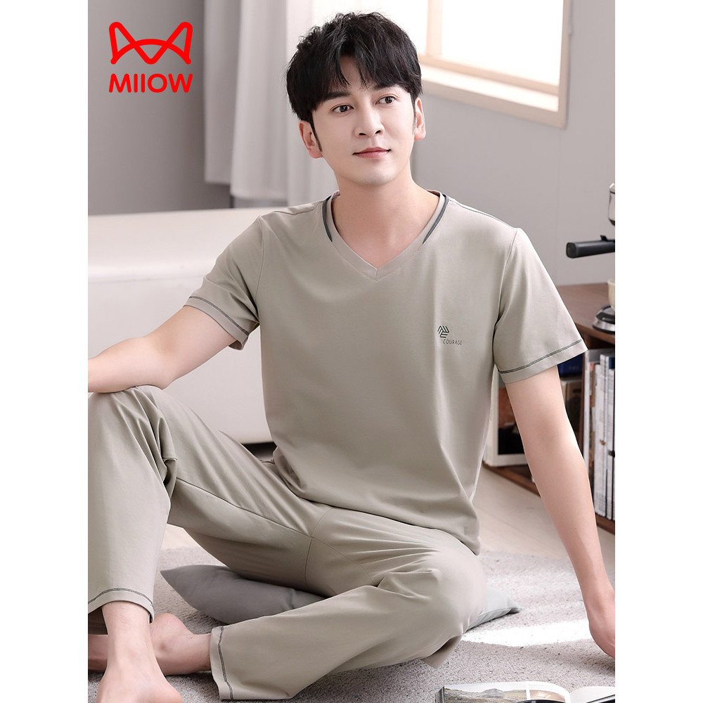 Gato pessoas algodão seda pijamas masculino primavera verão fino calças de manga curta verão Homewear masculino tamanho 