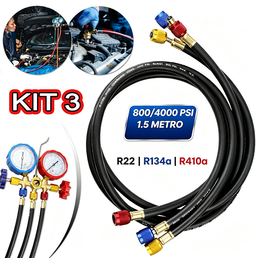 Kit 3 Mangueiras Manifold Ar Condicionado 1,5m 800/4000PSI Conexão Latão R22 R32 R134a R410a Carga Gás Refrigerante