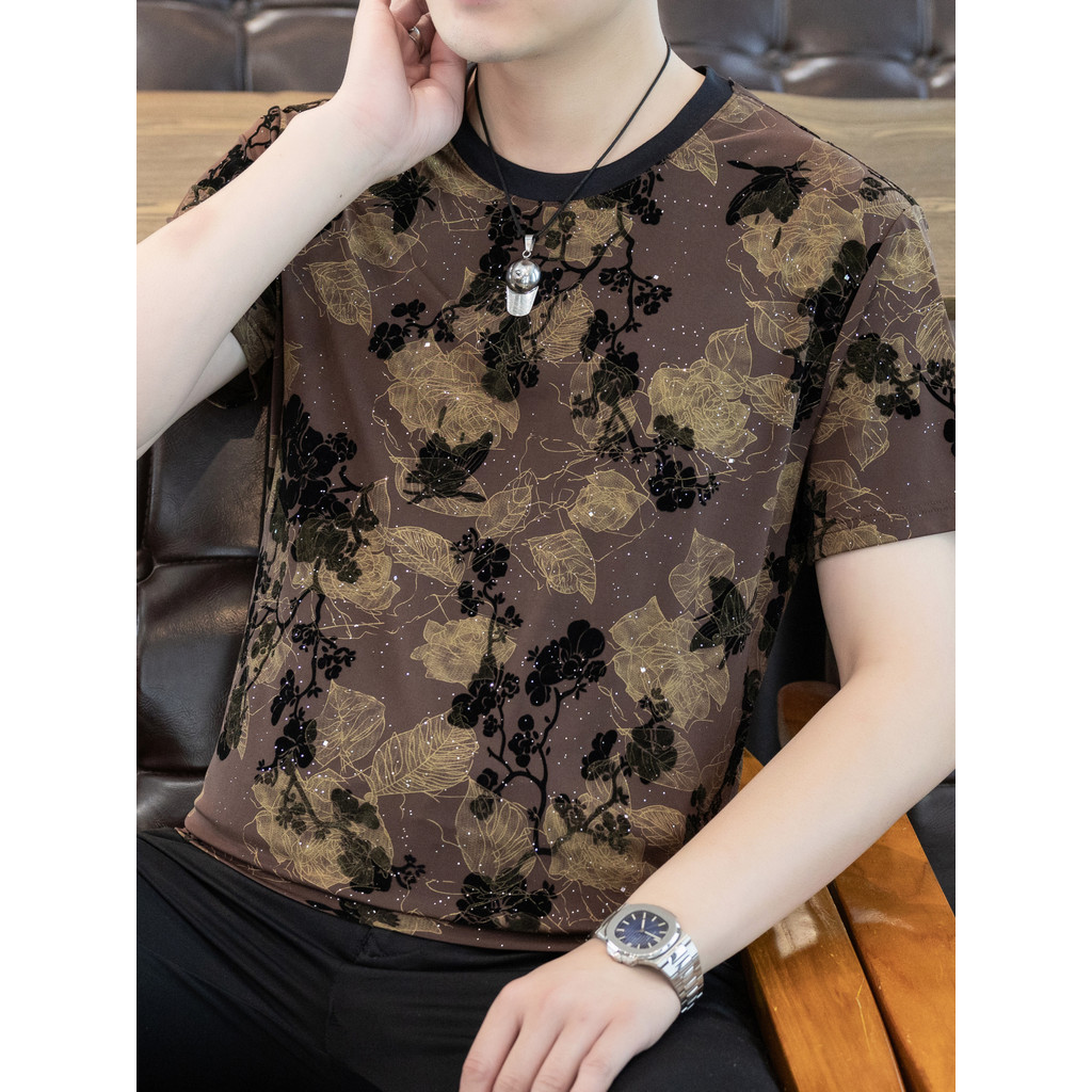 Camiseta masculina de manga curta cor flor em torno do pescoço na moda camiseta verão estilo fino moda única secagem ráp
