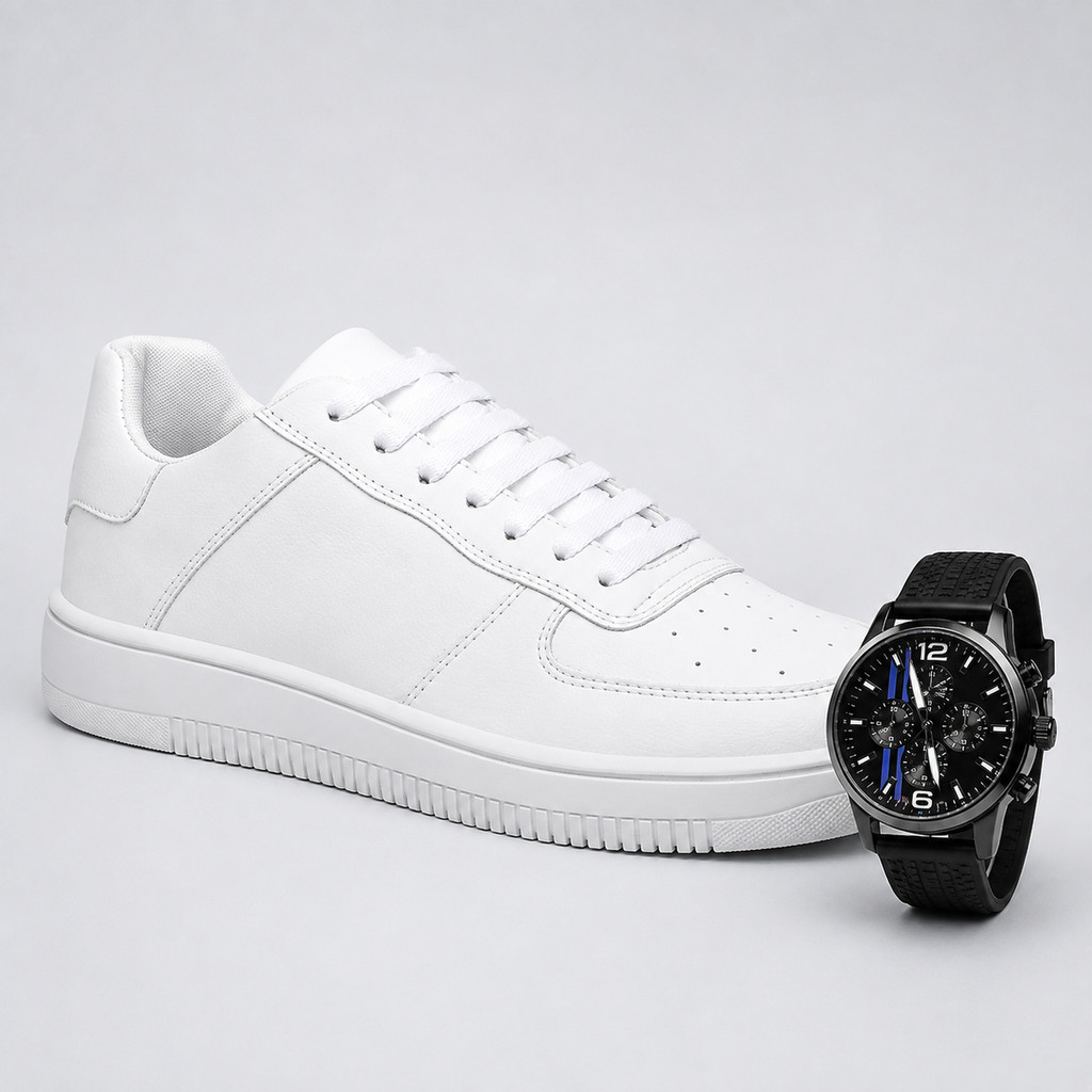 Tenis Force Air Masculino Casual Leve Confortável Macio Preto Branco + Relógio Ponteiro