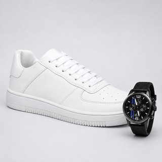 Tenis Force Air Masculino Casual Leve Confortável Macio Preto Branco + Relógio Ponteiro