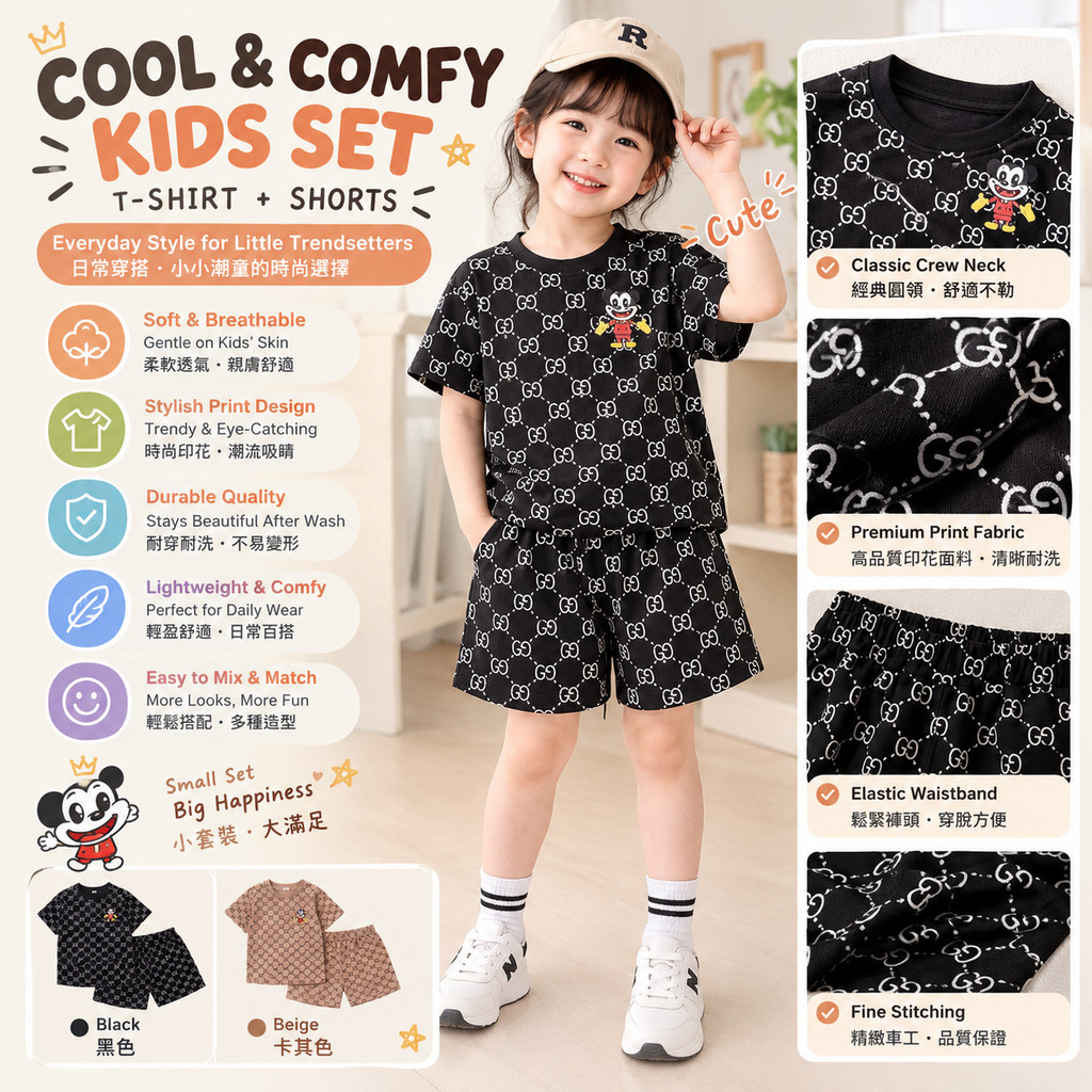 Conjunto de moda infantil masculino, conjunto de duas peças com camiseta de manga curta e shorts, com estampa de desenho