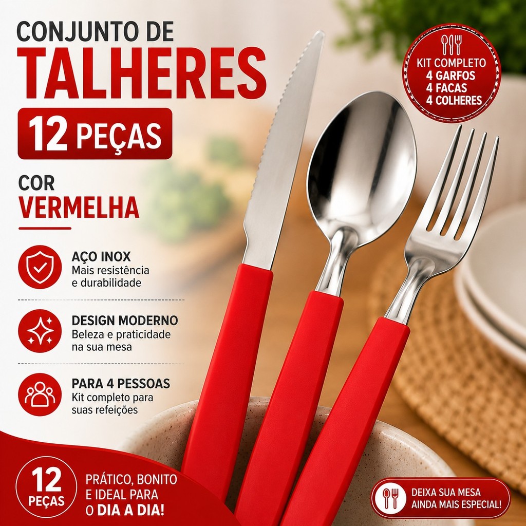 Conjunto de Talheres Vermelho Garfo Faca Colher Kit de Mesa