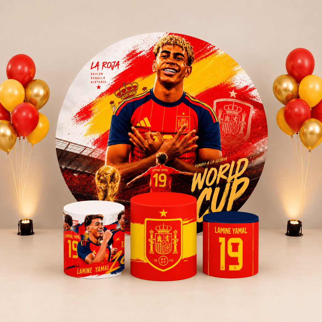 Kit Decoração Painel Redondo + Trio de Cilindro Jogador de Futebol Messi Neymar Jr Yamal e Vini Junior