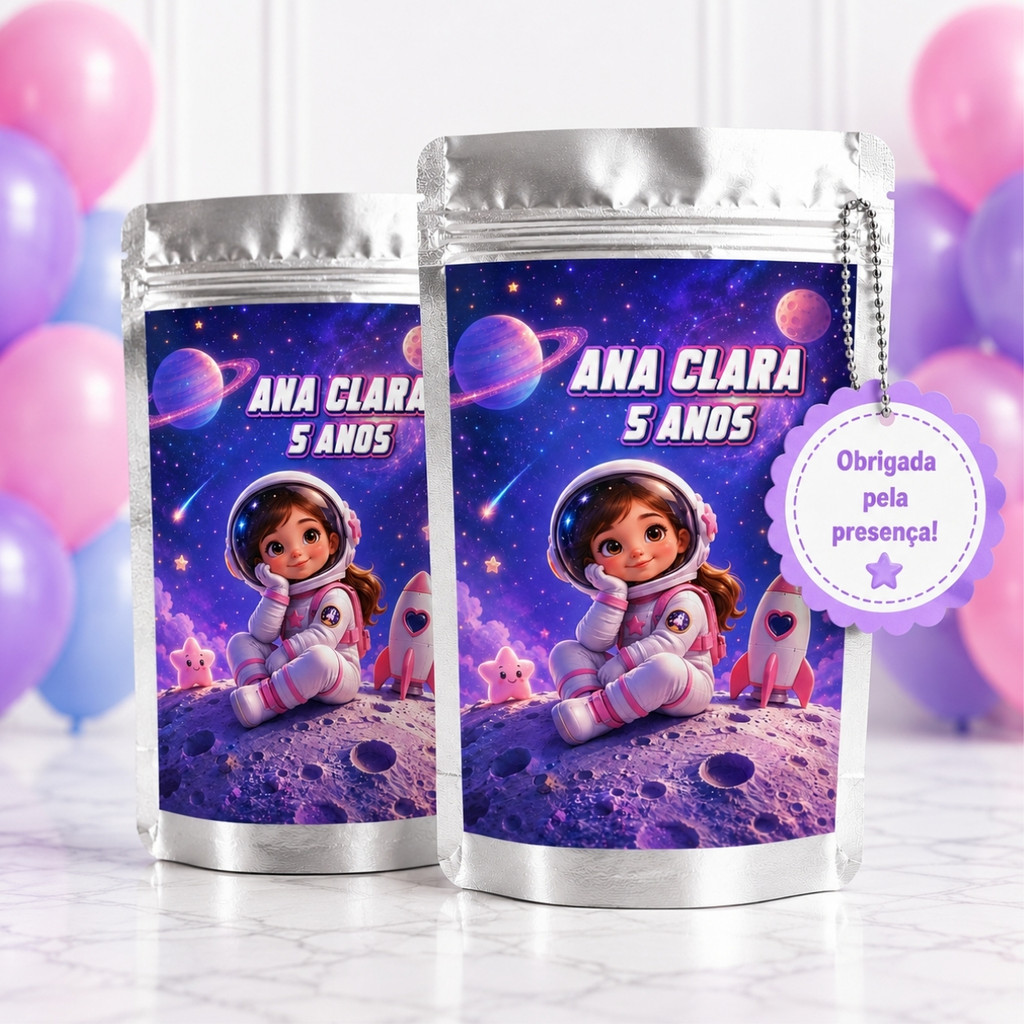 Saquinho Metalizado Personalizados Astronauta menina - Lembrancinhas de festa infantil/Aniversário - LEIA A DESCRIÇÃO