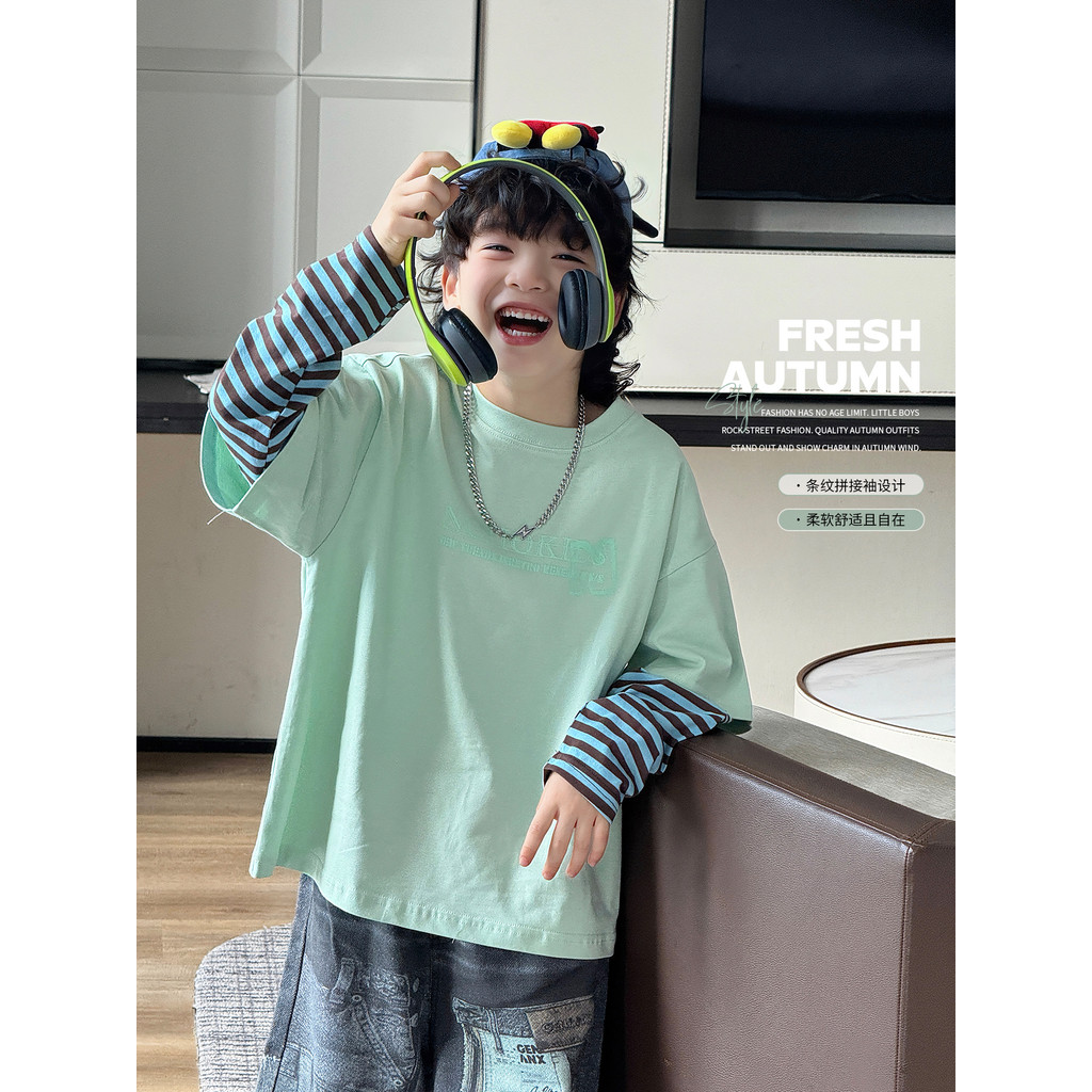Falso de duas peças listrado manga comprida camiseta meninos primavera outono na moda solto crianças versão coreana cost