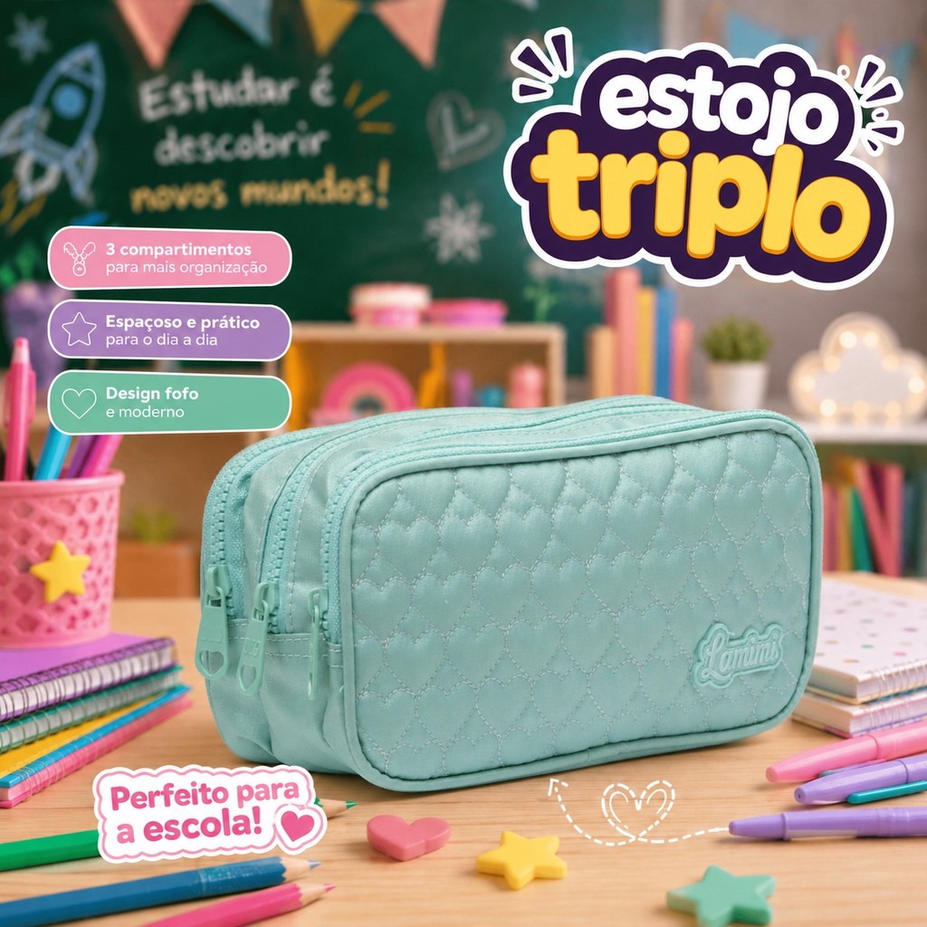 Estojo Escolar Infantil Lamimi Corações Triplo Compartimento Resistente Verde  azul rosa roxo