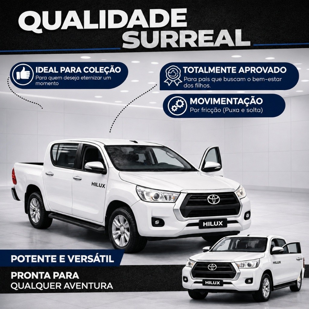 Miniatura De Ferro Toyota Hilux 2021 para Colecionadores 12cm - Preto, Branco e Cinza