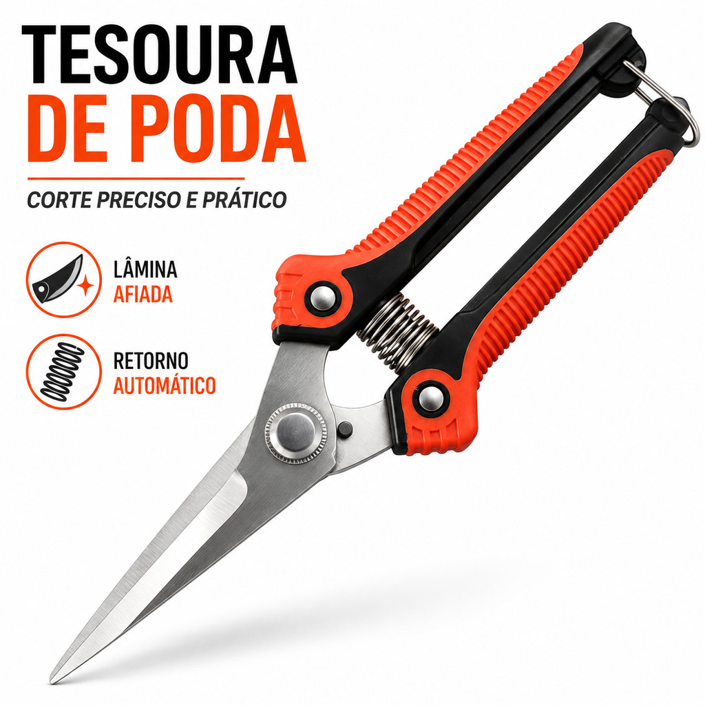 Tesoura de Poda 21cm Profissional Aço Inox para Jardim Galhos Flores Plantas e Frutas