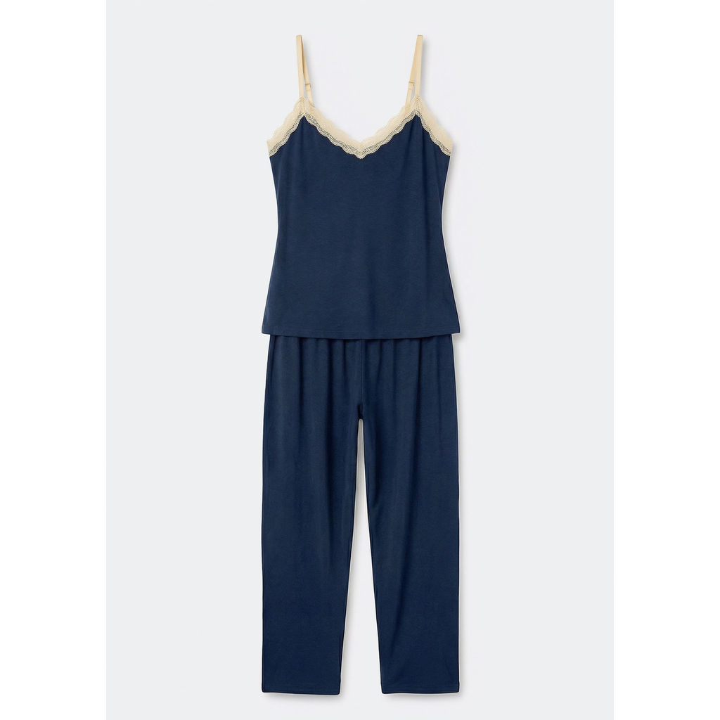 Pijama Longo Feminino Em Viscose Com Renda