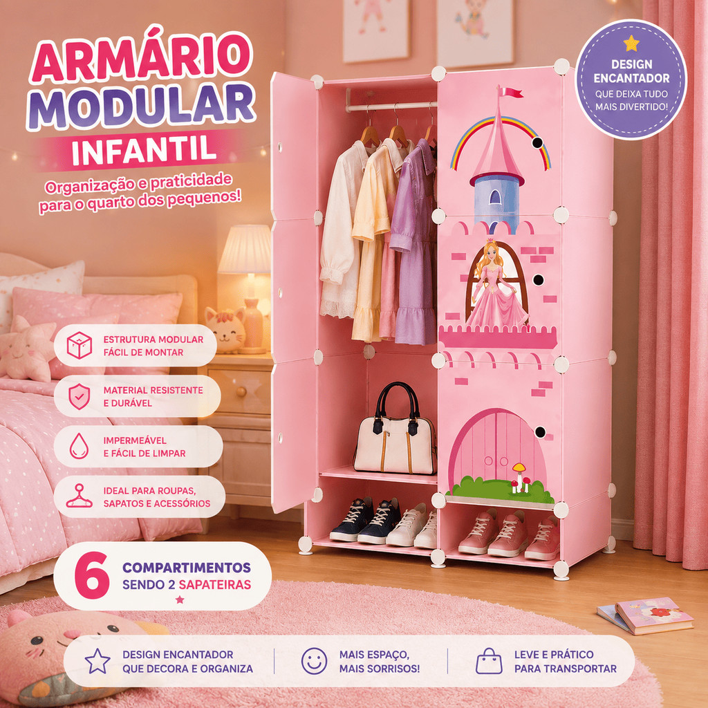 Armário Guarda roupa Modular Infantil Castelo de Princesa Rosa Menina Com Porta Sapatos
