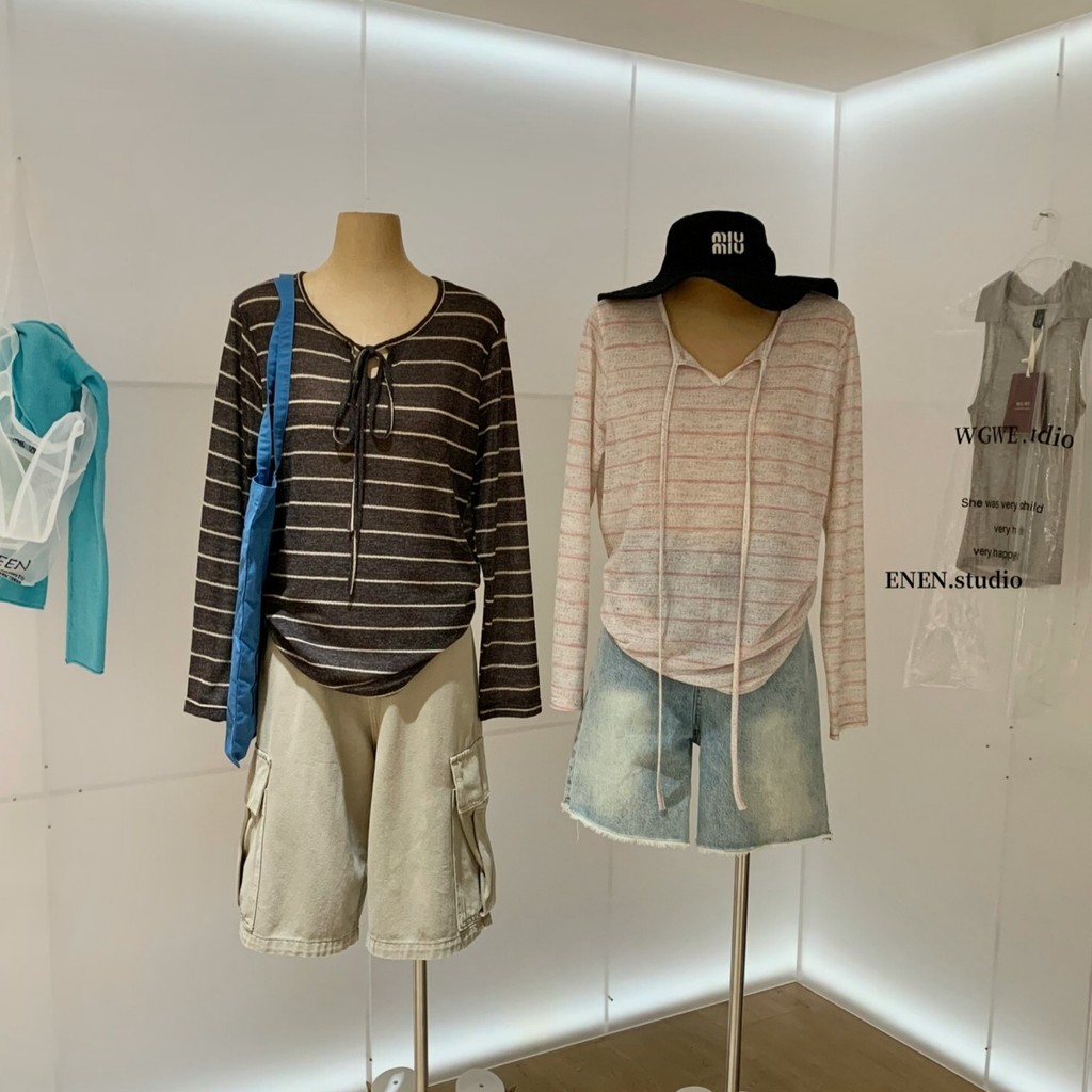 WGWE Casual Estilo Preguiçoso Listrado Camiseta de Manga Comprida Feminina Solta Gola Redonda Casual All-Match Protetor 