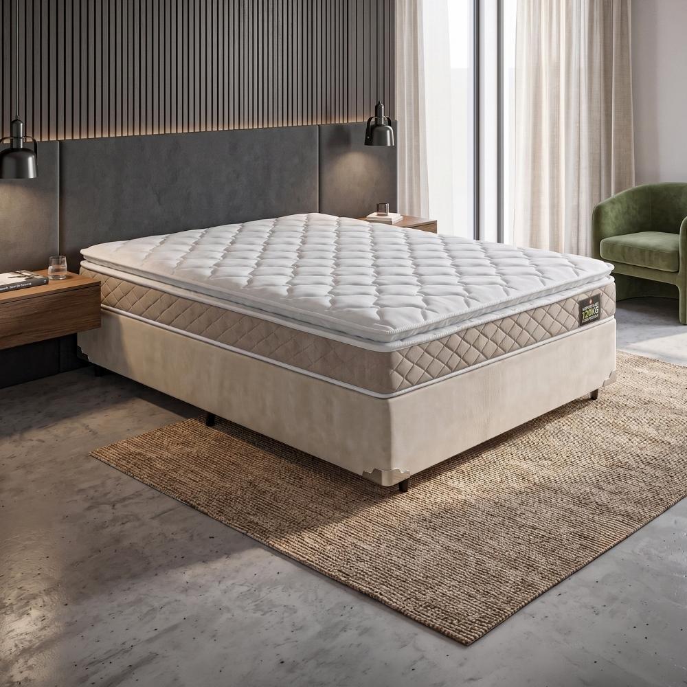 Cama Box Casal Queen Colchão Espuma D33 Pillow Top Millenium 158x198x57cm Suede Bege/Branco Hellen