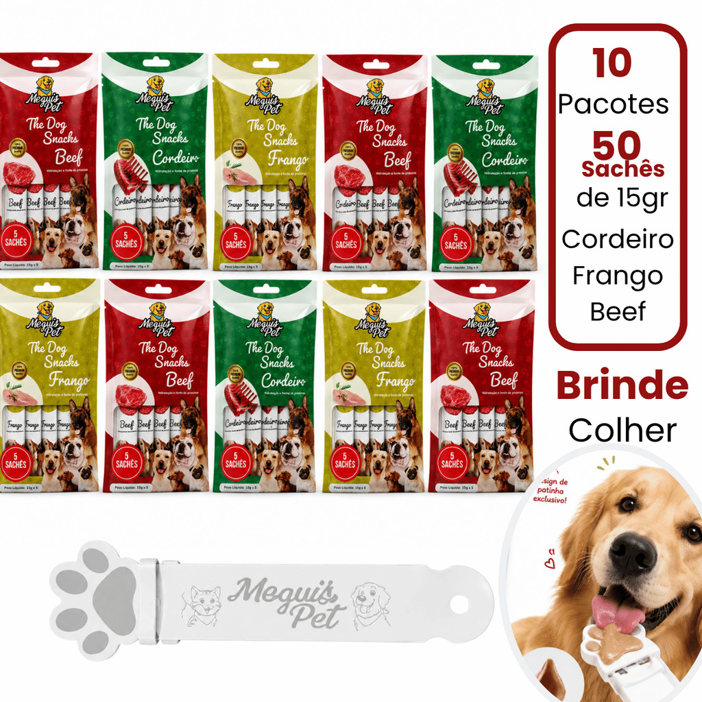 Kit 50 Churu Petisco Cachorro Dog Snack Cremoso Cordeiro Frango Beef MeguisPet + Colher 0 Desperdício