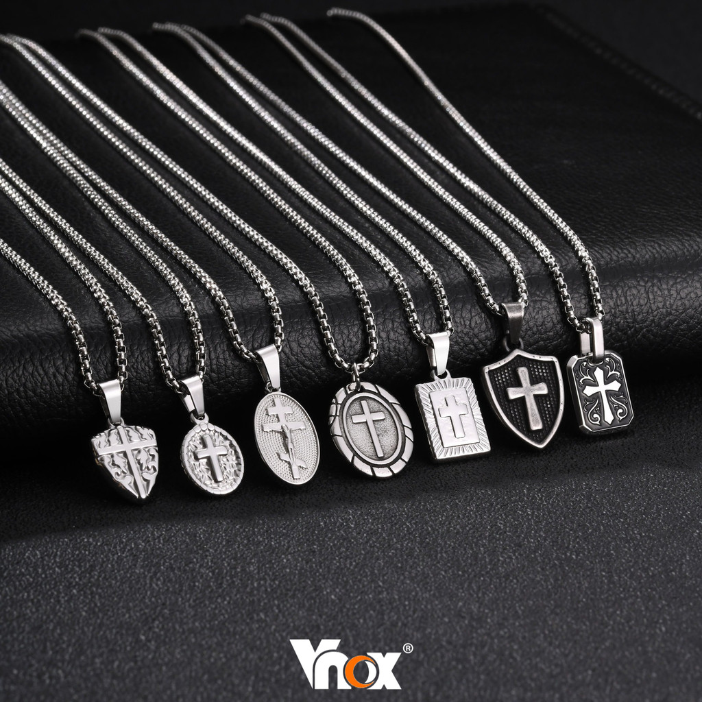 Vnox Masculino Pingente Cruz Colar De Aço Inoxidável Vintage Geométrico Escudo Tag Corrente Punk Hip Hop Jóias Presente