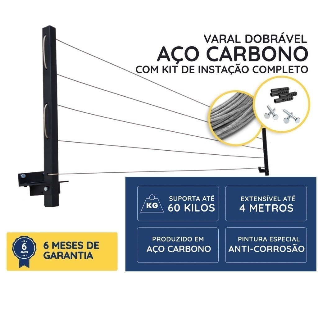 Varal de Parede Reforçado 4 metros Capacidade de 60Kg Cabo Reforçado