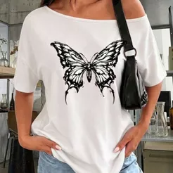 Camiseta Branca Feminina Ombro Caido Borboleta T-shirt 100% Algodão Larga Estilo Y2K Ombros Descobertos