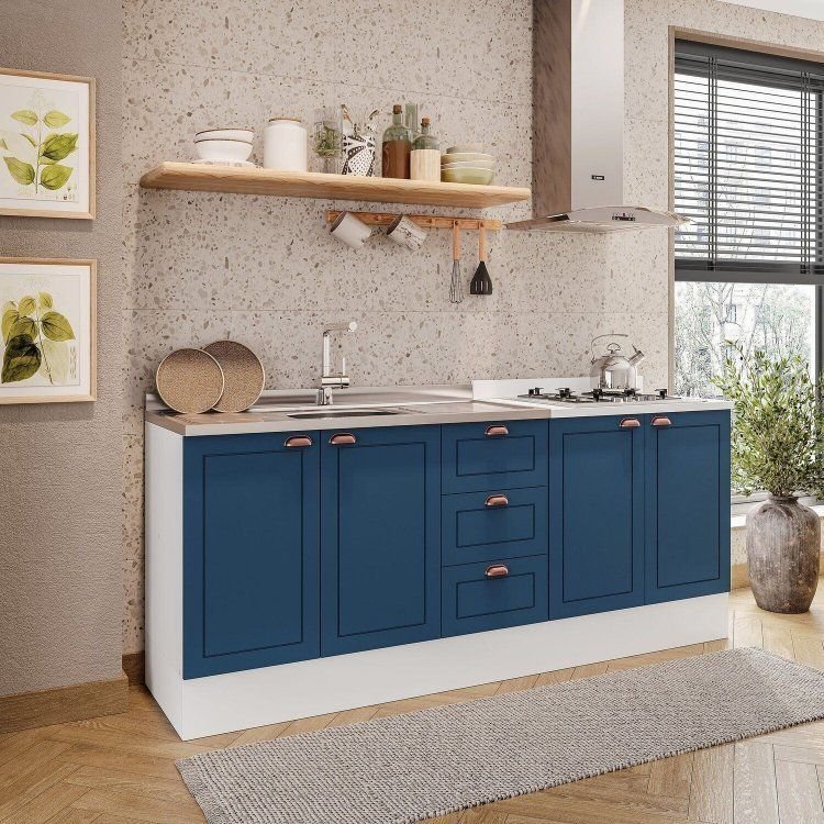 Cozinha Pérola com Rodapé 2 Peças Balcão 3 Gavetas 2 Portas e Balcão 2 Portas Yescasa Azul/Branco Azul/Branco