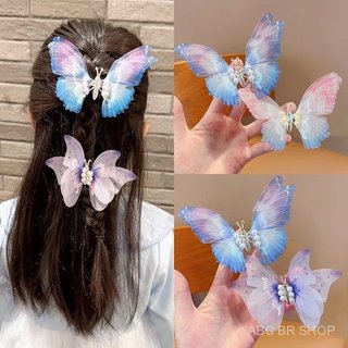 Presilha de cabelo em formato de borboleta com asas móveis, cor em degradê, adequada para meninas, acessório infantil fo