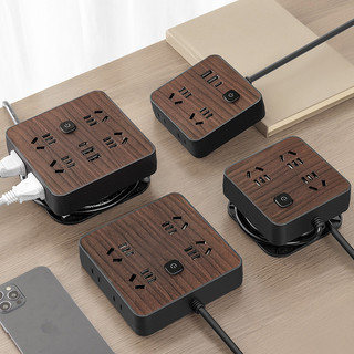Painel de tomada de mesa com acabamento em madeira dupla, multifuncional, com carregador USB e cabo TN0F